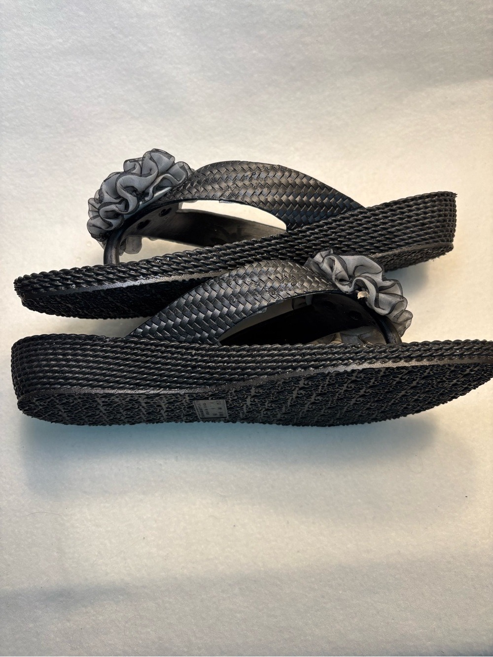 Capelli of New York Black Wedge Flip Sandals with Gray Floral Accent - Picture 3 of 6